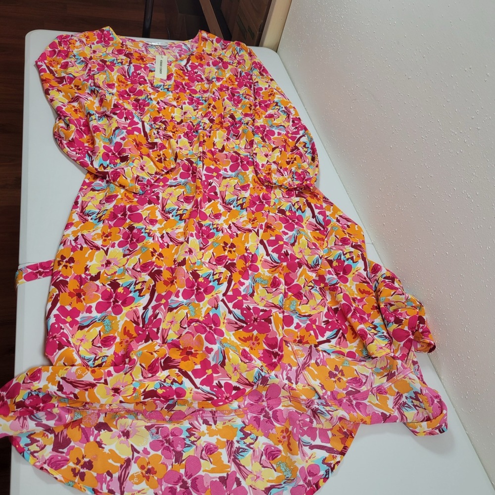 NWT Agnes Orinda Maxi Dress Womens 2X Pink Floral Long Sleeve V-Neck Tie Waist - Picture 4 of 10